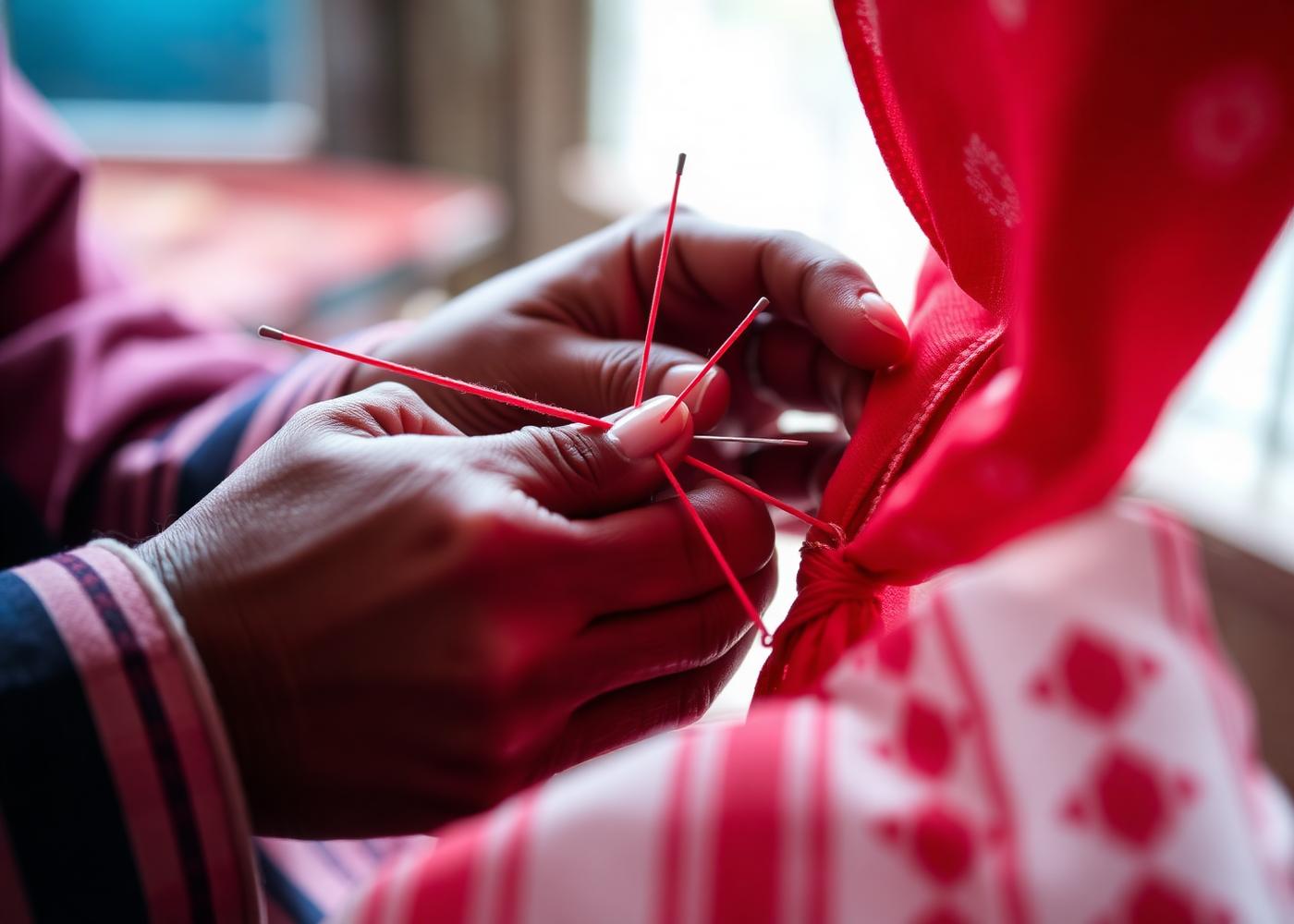 Artisan hands tying bandhani knots