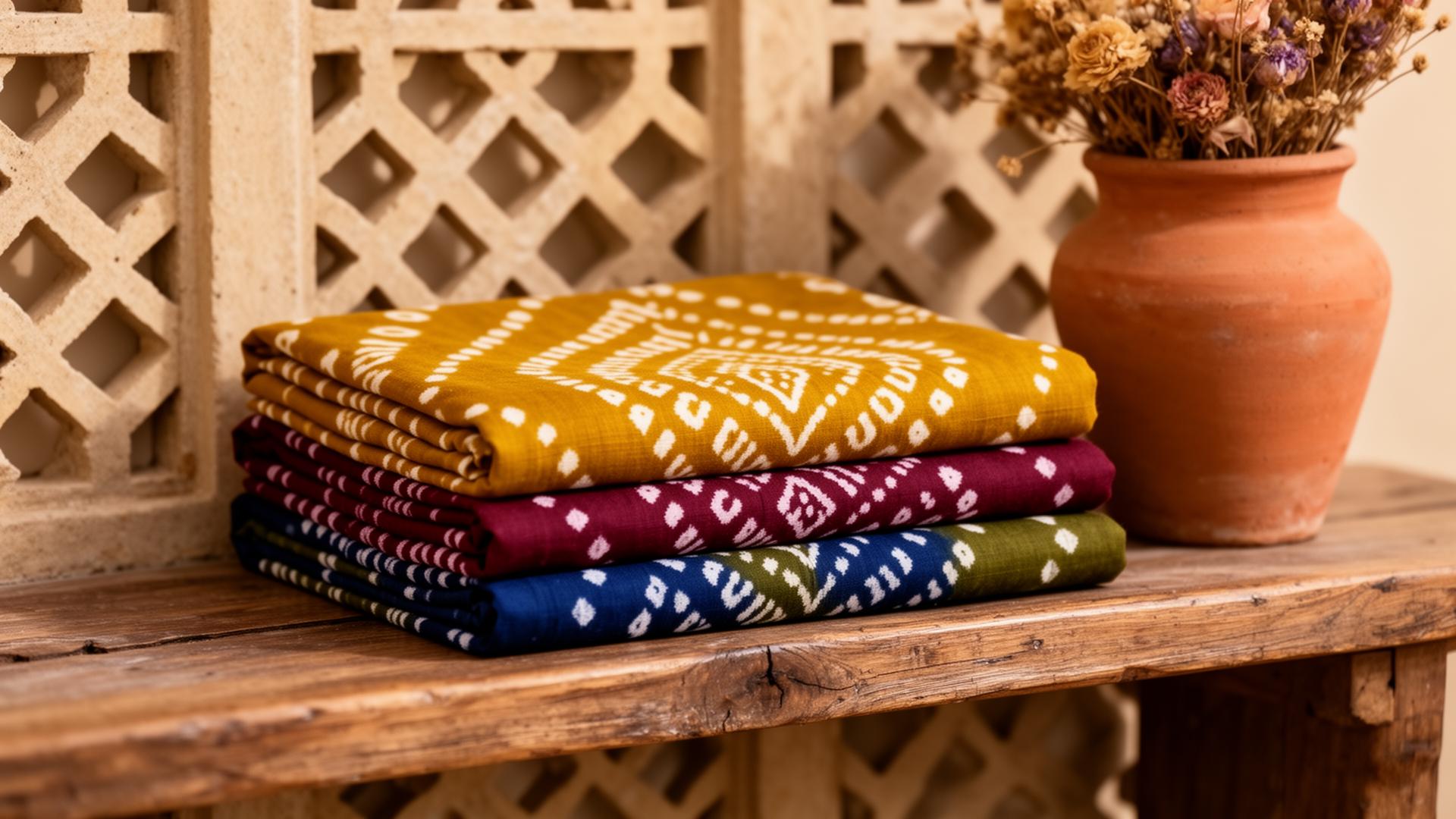 Folded handmade bandhani textiles