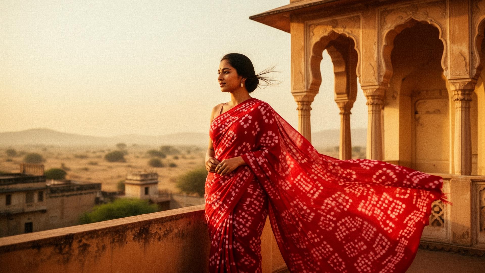 Woman in red bandhani at a Jaipur palace